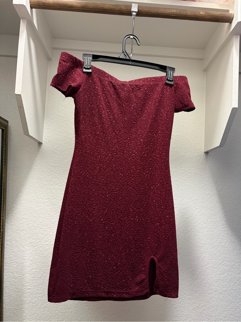 Windsor Off-Shoulder Burgundy Sparkle Mini Dress